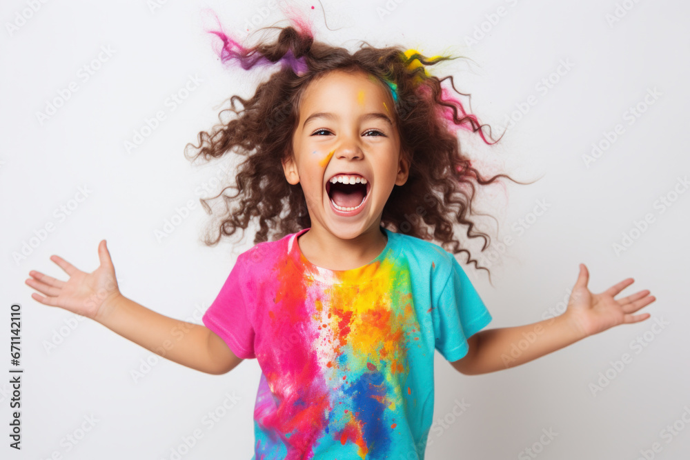 Cute girl laughs, gets dirty with paint. Photo of a happy child Cute girl laughs, gets dirty with paint. Photo of a happy child