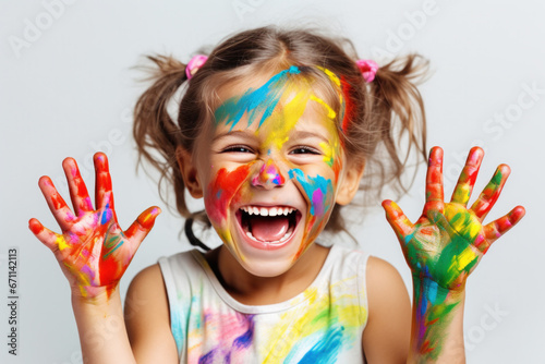 Cute girl laughs  gets dirty with paint. Photo of a happy child