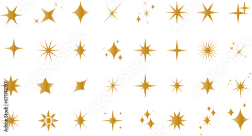Set of golden sparkles star icons. Star png. Christmas golden star icon. Bright firework .Light gold icon set. Flash shine sparkle icon glare blink star.