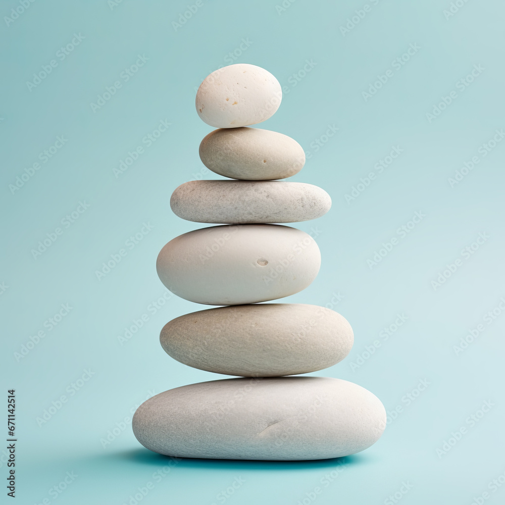 Balanced stack of white zen stones, blue background Balanced stack of white zen stones, blue background