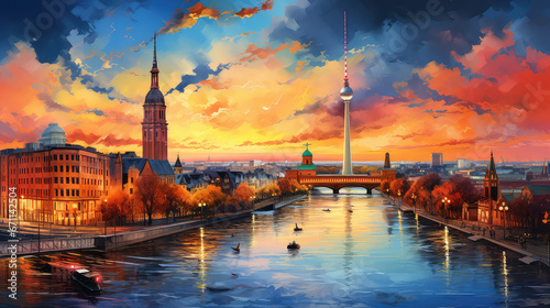 oil painting on canvas, Museum island on Spree river and Alexanderplatz TV tower in center of Berlin, Germany.