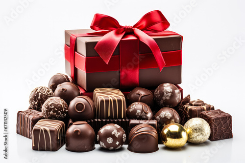 Macro photography of chocolate gift boxes with Christmas-themed toppings isolated on a white background  © fotogurmespb
