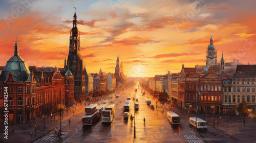 oil painting on canvas, Leipzig, Germany. Cityscape image of Leipzig, Germany with New Town Hall at twilight blue hour.