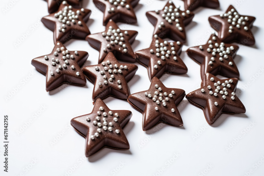Creative chocolate stars decorated with silver beads isolated on a white background 
