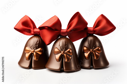 Detailed chocolate Christmas bells with red velvet ribbon isolated on a white background 
