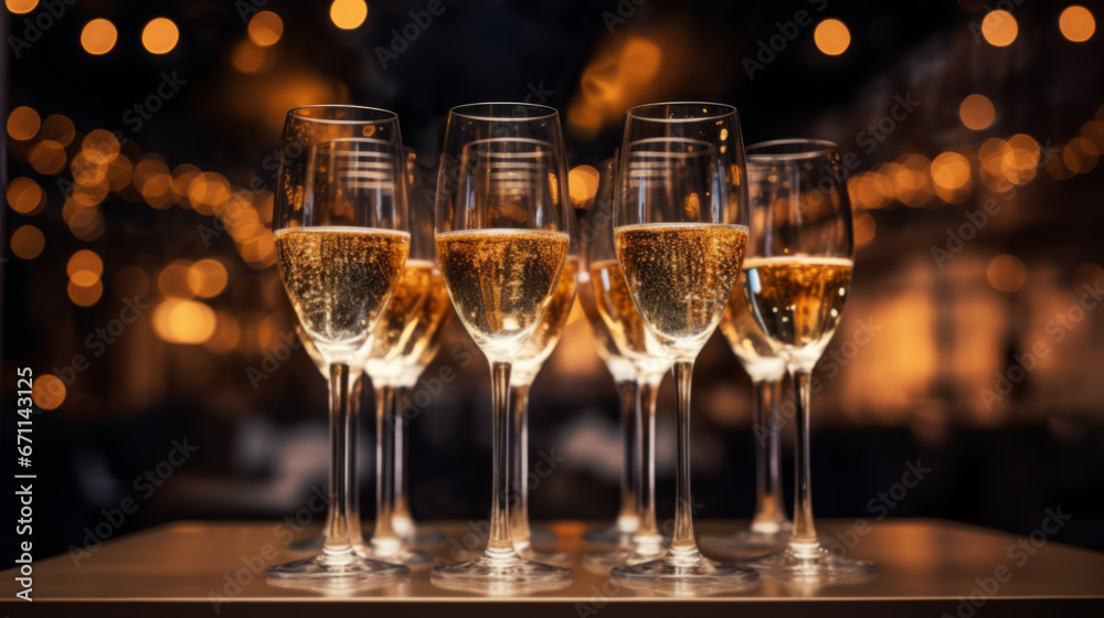 High angle of champagne glasses and christmas decorations on a dark festive background.