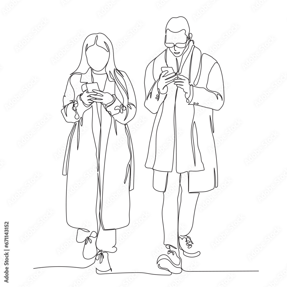 Young couple walking and using mobile phones on the go. Wearing warm coats and scarf, glasses. Internet addiction concept. Single line drawing. Black and white vector illustration in line art style. Young couple walking and using mobile phones on the go. Wearing warm coats and scarf, glasses. Internet addiction concept. Single line drawing. Black and white vector illustration in line art style.