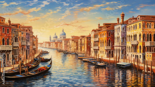 An oil painting of Venetian architecture and water canal in Venice at sunset, Italy. © ImagineDesign