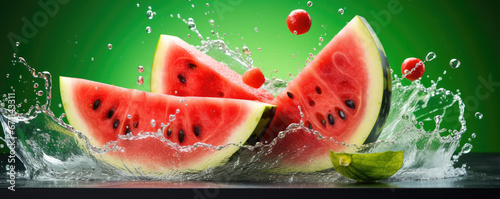 Watermelon cut splashing in water on green background.