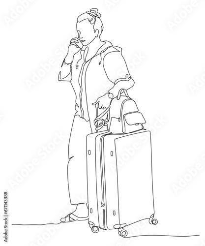 Woman with luggage standing and using phone. Baggage claim. One line drawing. Black and white vector illustration in line art style.