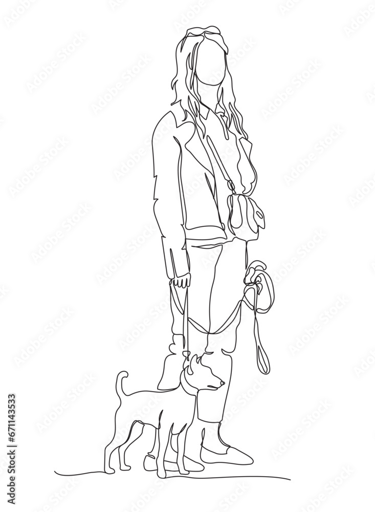Woman with small dog standing. Using long leash, glasses on top of head. One line drawing. Black and white vector illustration in line art style. Woman with small dog standing. Using long leash, glasses on top of head. One line drawing. Black and white vector illustration in line art style.