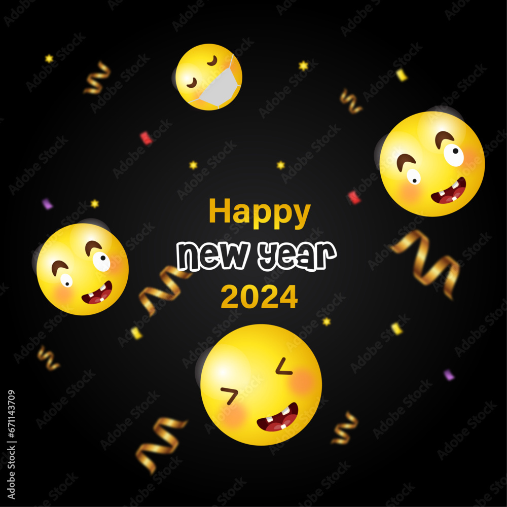 new year fun poster with different face impression emojis, gold confetti, flat style vector illustration.