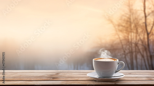 A cup of coffee on an outdoor table with a winter view and a snowy background