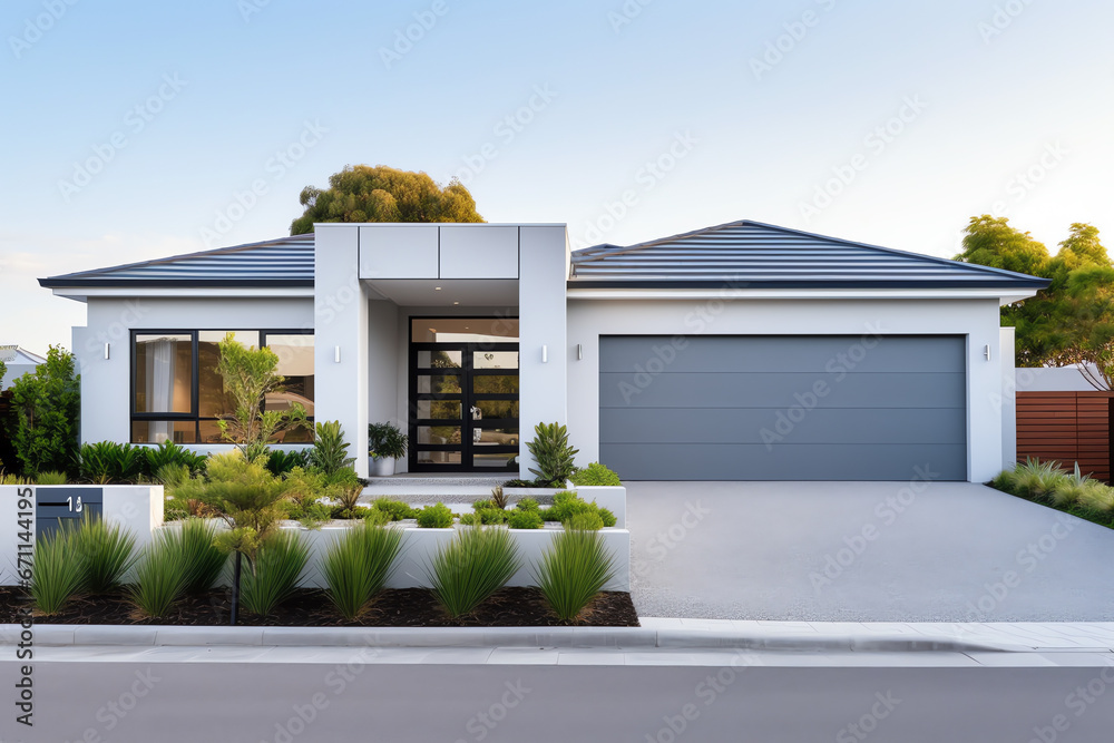 Exterior front facade of new modern Australian style home, residential architecture - obrazy, fototapety, plakaty 