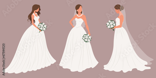 Set of brides in a white wedding dress with a bridal bouquet. Luxurious wedding dresses for brides. Illustration, vector photo