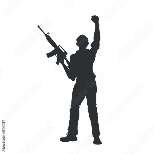 Isolated terrorist silhouette. Man protester with a gun. Fist over head. Dangerous rebel with a rifle. Armed street bandit. Portrait of a freedom fighter