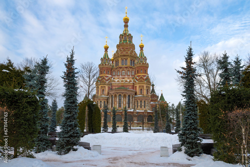View of the ancient Cathedral of the Apostles Peter and Paul on a February day. Petrodvorets (Peterhof). Saint-Petersburg, Russia