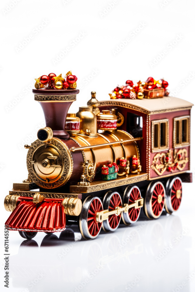 Vintage toy train with Christmas decoration isolated on a white background 