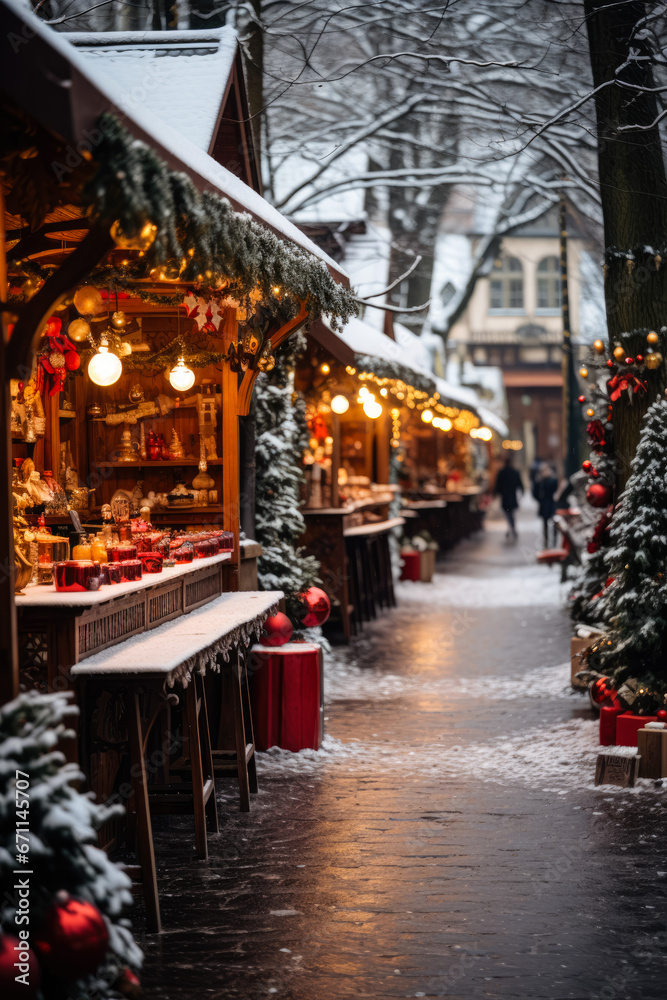 Snow-dusted Christmas market with old-fashioned holiday decorations and cheer 