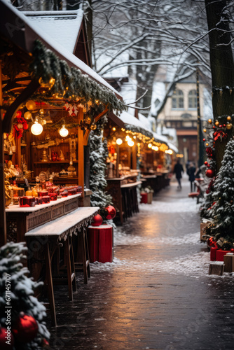 Snow-dusted Christmas market with old-fashioned holiday decorations and cheer 