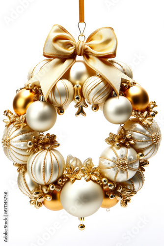 Victorian era-inspired Christmas wreath with golden baubles isolated on a white background 