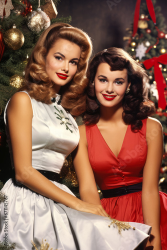 1950s pin-up models posing in Christmas attire for holiday posters 