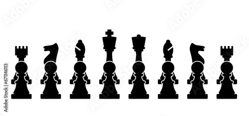 Chess pieces tower horse bishop, king queen Chess Board Setup Vector icon or symbol pieces Flat style the starting positions figures pieces tournament strategy silhouette checker board. Square checker