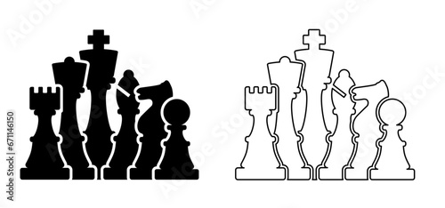 Chess pieces tower horse bishop, king queen Chess Board Setup Vector icon or symbol pieces Flat style the starting positions figures pieces tournament strategy silhouette checker board. Square checker