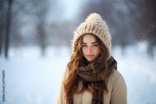 Winter fashion. Beautiful young woman in warm clothes looking at camera while standing outdoors © Chanakan