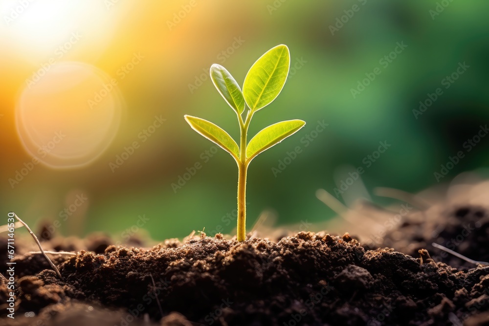 Close-up macro photo of a young green tree plant sprout growing up from the black soil the morning sunlight. Close-up macro photo of a young green tree plant sprout growing up from the black soil the morning sunlight.