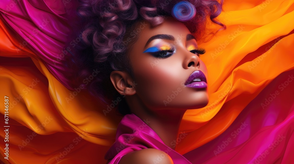 High fashion model woman in colorful bright lights posing in studio, Portrait of beautiful sexy girl with trendy make-up on colorful background.
