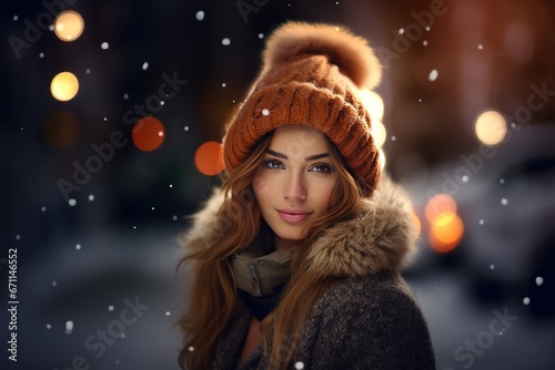 Winter fashion. Beautiful young woman in warm clothes looking at camera while standing outdoors
