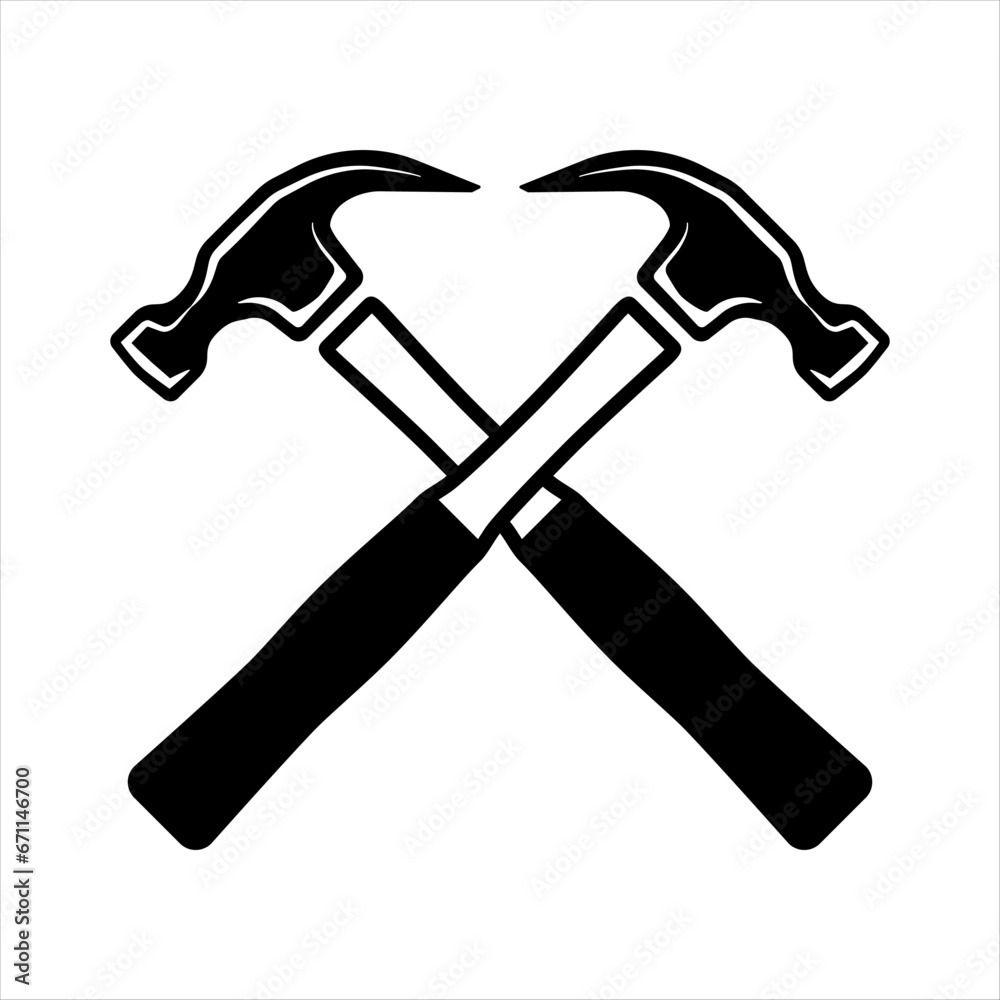Two crossed hammers vector flat icon. Simple Hammer silhouette, isolated on white isolated background. Flat design labor symbol. Construction tools. Shoemaker's hammer Two crossed hammers vector flat icon. Simple Hammer silhouette, isolated on white isolated background. Flat design labor symbol. Construction tools. Shoemaker's hammer