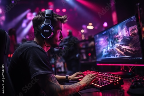 Gamers are playing online in front of the computer with Racing Game Controller. © sirisakboakaew