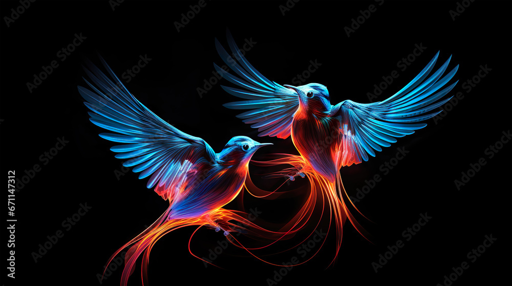 Obraz premium Two birds flying. Light painting style. Black background. 