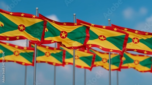 Grenada many flags in row, multiple flags in line