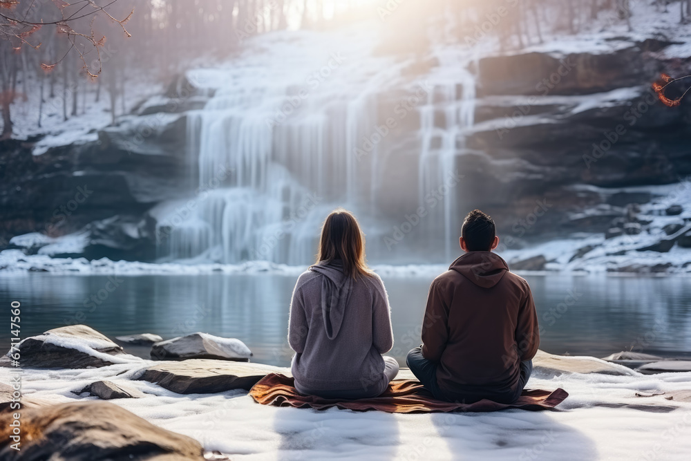 Couple practicing winter yoga near frozen waterfall background with empty space for text 