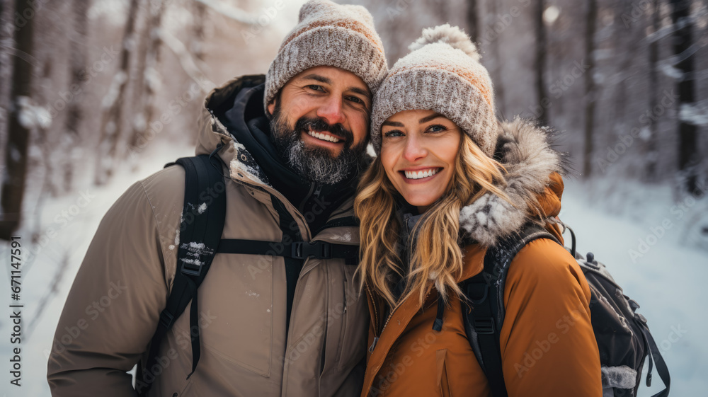 Charming couple enthusiastically capturing winter wildlife images in a frosty National Park 