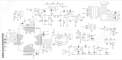 Schematic diagram of electronic device.
Vector drawing electrical circuit with operational amplifier, 
led, integrated circuit, capacitor, resistor, coil, 
microcontroller chip, optocoupler, diode.