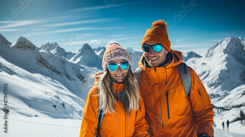 Ecstatic couple embarking on a picturesque alpine skiing journey under azure skies 