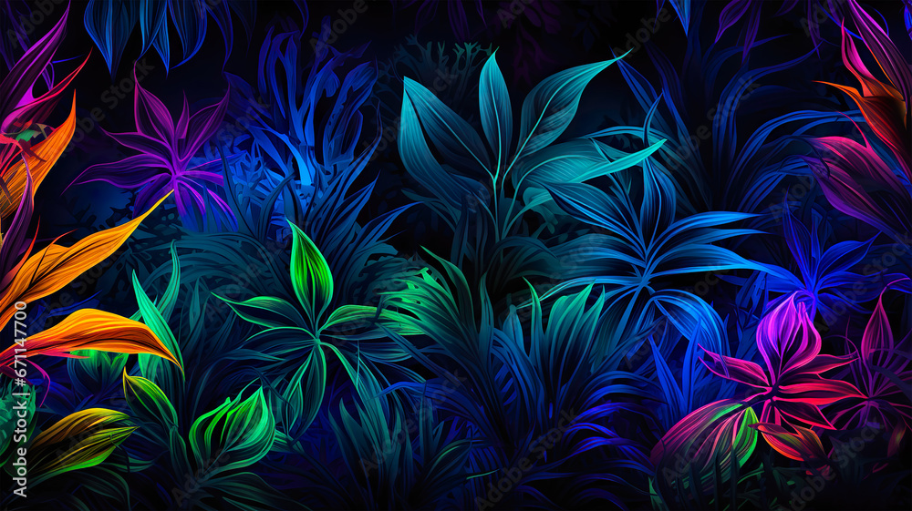 Tropical jungle plant background. Neon colors. Tropical jungle plant background. Neon colors.