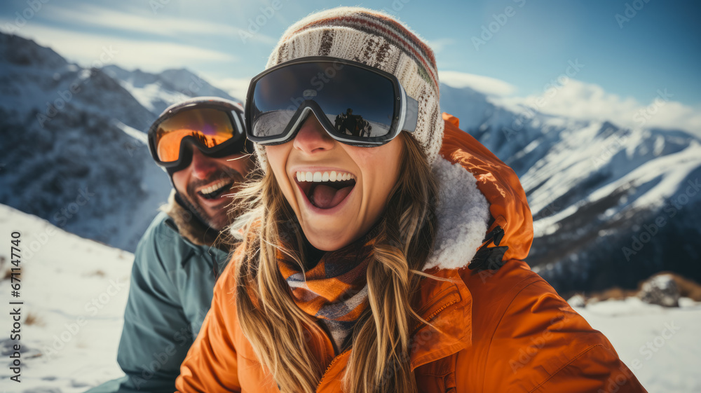 Joyful couple snowboarding at mountain resort background with empty space for text 