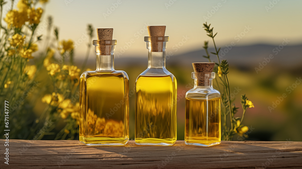 Glass bottles filled with rapeseed oil on the background of blooming rape plants - obrazy, fototapety, plakaty 