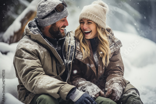 Joyous couple revels in rustic ice fishing amidst snowy woodland 