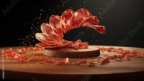Creative composition of levitating thinly sliced ham slices on a black background