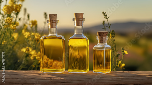 Obraz na plátne Glass bottles filled with rapeseed oil on the background of blooming rape plants