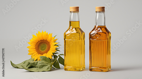 Glass bottles with sunflower oil and sunflower flower on gray background.