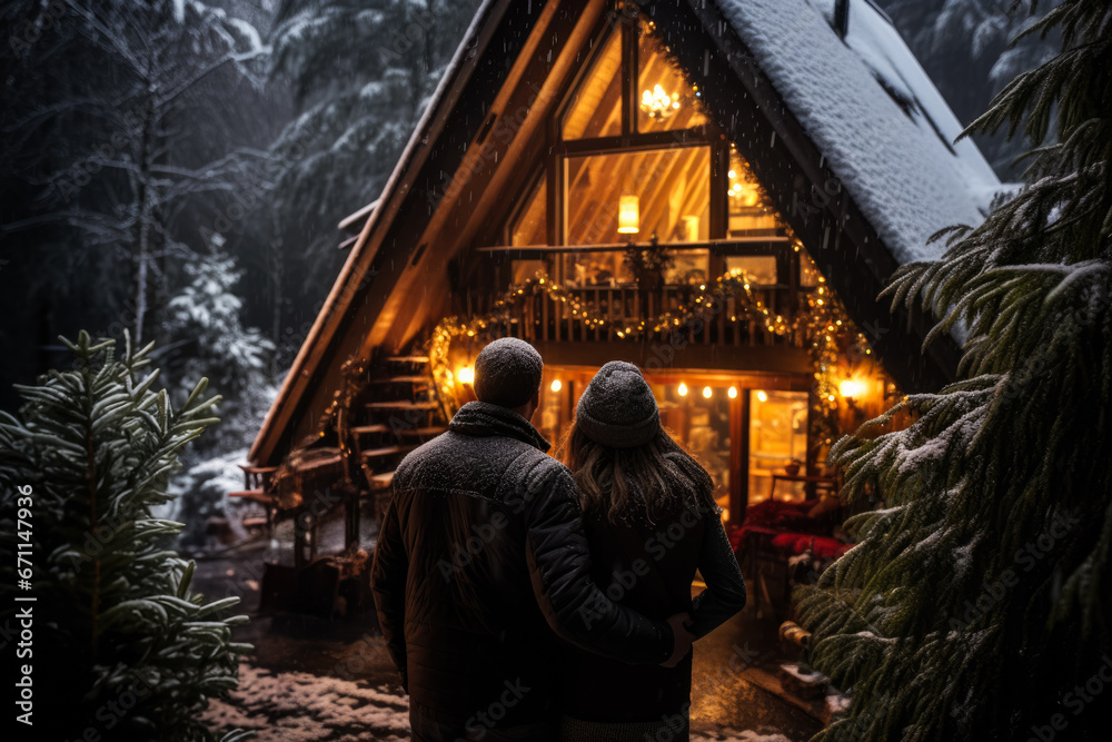Blissful couple nestling in a cozy cabin amidst heavy snowfall 