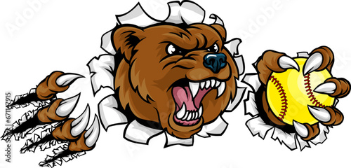 A bear animal softball sports team cartoon mascot
