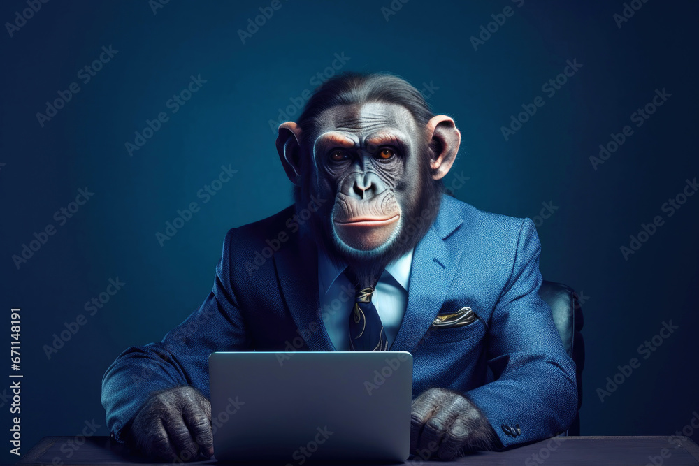 Monkey in a business suit with a laptop. Concept of successful education Monkey in a business suit with a laptop. Concept of successful education